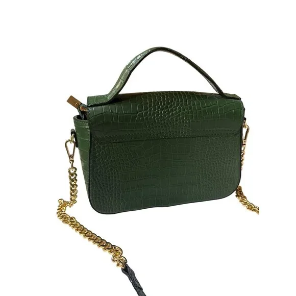 Vera Pelle Green Croc-Embossed Genuine Leather Handbag With Top Handle & Gold Ch